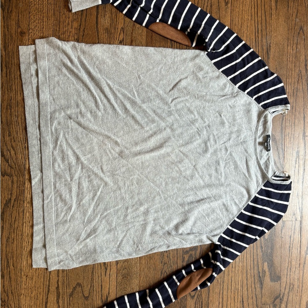 Striped Sleeve Gray Sweater with Faux Leather Elbow Patches